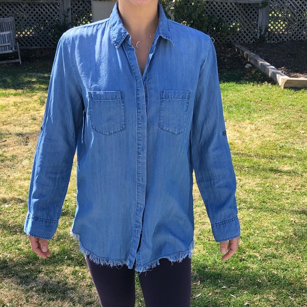 Fringed chambray buttondown shirt